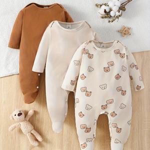 3개의 아기 소년용 면 발목 옷, 귀여운 곰 프린트와 단색, 부드러운 면 아기 롬퍼