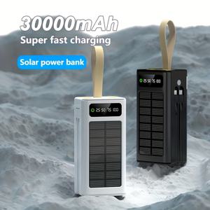 태양광 충전식 30000mAh 파워 뱅크, PD 20W 빠른 충전, 듀얼 USB Type-C 출력, 22.5W 고에너지 출력, 유니버설 USB 충전, 리튬 폴리머 배터리, 야외 조명이 있는 휴대용 충전기