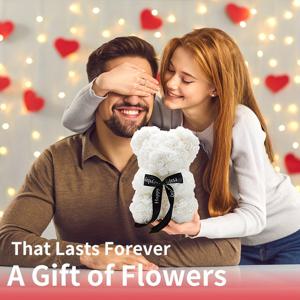 인공 장미 곰 꽃 곰돌이 선물 상자 포함 - 여성, 어머니의 날, 발렌타인 데이, 결혼식, 크리스마스, 생일을 위한 완벽한 선물 - 발렌타인 데이 및 기타 휴일을 위한 플라스틱 장미 곰