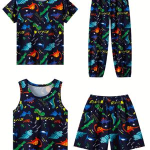 4 Pcs 소년의 재미있는 과학 공룡 패턴 반팔 + 반바지 + 조끼 + 바지 멀티 팩 파자마 세트, 소년의 아늑한 실내복을 위한 편안하고 피부 친화적인 스타일 잠옷