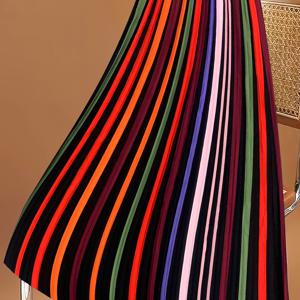 색상이 다채로운 줄무늬가 있는 살짝 신축성 있는 롱 댄스 스커트, 여성용 액티브웨어