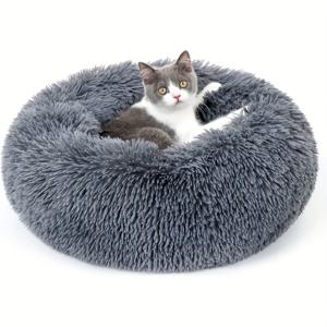 실내 고양이용 고양이 침대, 세탁기로 세탁 가능한 고양이 침대, 미끄럼 방지 원형 애완동물 침대, 작은 개와 고양이를 위한 진정한 부드러운 플러시 도넛 쿠들러 쿠션, 중형