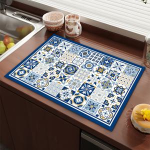 주방과 식당을 위한 파란색 간단한 패턴의 커피 메이커 배수 매트, 비누흡수 고무 매트, 방수 및 방유 매트, 가정용 용품