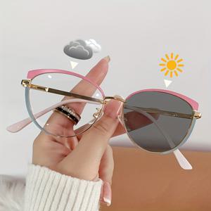 여성용 광색성 편광 선글라스, 금속 프레임, 캣 아이 투명 렌즈 안경, 야외 안경