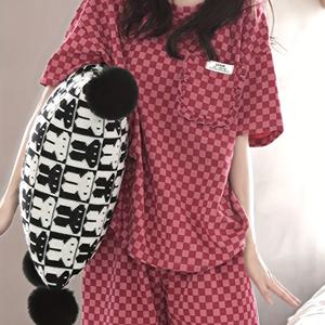 TEMU 여성용 체크 무늬 프린트 캐주얼 루즈핏 파자마 세트, 짧은 소매 라운드 넥 프릴 트림 포켓 탑 & 반바지, 편안한 편안한 핏