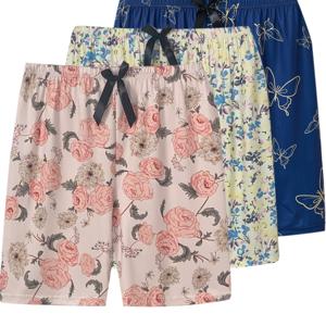 TEMU 여성용 캐주얼 잠옷 하의 3개 세트, 플러스 사이즈 꽃과 나비 프린트 신축성 있는 허리 레이스 쇼츠