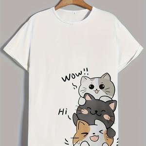 TEMU 귀여운 고양이 프린트 라운드 넥 스포츠 티셔츠, 반팔 러닝 캐주얼 상의, 여성용 액티브웨어