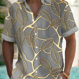 TEMU 여름을 위한 크리에이티브 리프 프린트 플러스 사이즈 남성 셔츠, 해외 휴가를 위한 하와이안 스타일 셔츠