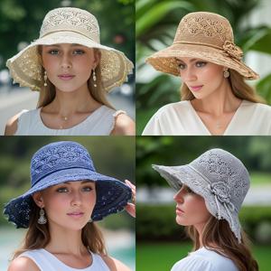 TEMU 세탁 가능한 통기성 접이식 모자, 여성용 홀로우 선 모자 대형 해변 모자