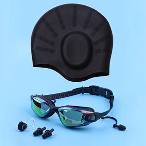 TEMU 여성 수영 세트, 안개 방지 방수 실리콘 수영 고글과 오버사이즈 수영 모자, 코 클립과 귀마개가 포함되어 있습니다.