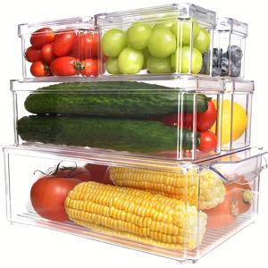 TEMU 7 개의 냉장고 오거나이저 세트, 뚜껑이 있는 쌓을 수있는 냉장고 오거나이저, BPA가없는 과일 보관 용기, 냉장고 정리 및 음식, 음료, 야채, 곡물, 주방 용품 보관에 적합