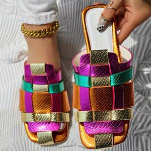 TEMU 여성용 다채로운 우븐 슬라이드 샌들, 질감 있는 스트랩이 있는 플랫 여름 슬라이드, 해변 및 야외 사용을 위한 캐주얼 정사각형 발가락 신발