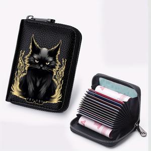 TEMU 귀여운 검은 고양이 패턴의 짧은 지갑, 지퍼로 둘러싸인 동전 지갑, 질감 있는 여성용 신용카드 홀더