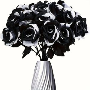 TEMU 홈 가든 파티, 할로윈, 크리스마스 장식용으로 싱글 스템 가짜 꽃 블랙 로즈 12송이, 리얼한 꽃다발 대신 사용 가능