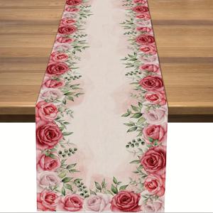 TEMU 마더데이, 봄 웨딩, 신부 샤워, 집 식당 주방 장식을 위한 레드 장미 수채화 디자인의 리넨 테이블 러너 1개