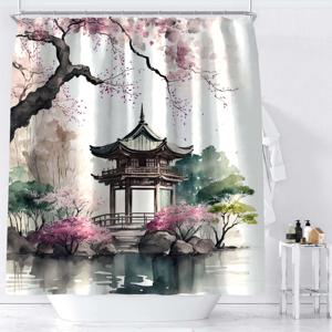 TEMU 1pc 중국 스타일 다채로운 잉크 그림 정원 파빌리온 호수 나무 꽃 단풍 풍경 디지털 인쇄 샤워 커튼, 욕실 장식