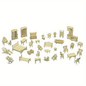 TEMU 34개의 3D 목제 인형집 가구 퍼즐, DIY 집 방 미니어처 가구 세트 퍼즐, 가구 모형 수제 목제, 모래 테이블 건물 모형 미니 1:12 인형집 가구, 소년과 소녀를 위한 선물