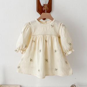 TEMU 아기 레이스 장식 꽃무늬 코튼 긴팔 드레스, 유아 및 유아용 의류 일상복/휴일/파티, 선물로