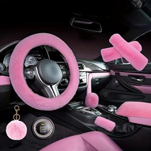 TEMU 8 피스 세트 조합 핑크 여신 플러시 자동차 핸들 커버 렉스 토끼 모피 솜털 스티어링 휠 커버