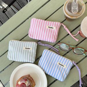 TEMU 1개, 휴대용 여성용 화장품 파우치, 작고 신선한 줄무늬 패턴 디자인 정리함, 동전 지갑 립스틱 보관 가방