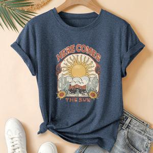 TEMU 빈티지 사막 전망 프린트 라운드 넥 반팔 티셔츠 여성용, 부드러운 원단, 여성 캐주얼 여름 옷