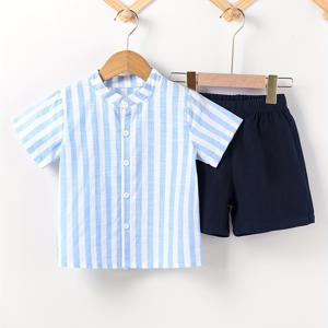 TEMU 아기 남아용 2피스 코튼 아웃핏 세트, 캐주얼 스트라이프 반팔 셔츠와 남색 반바지 아웃핏 유아 및 어린이용