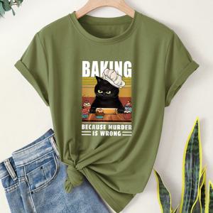 TEMU 여성 캐주얼 티셔츠, 빈티지 스타일 베이킹 고양이 그래픽 프린트, 여름용 캐주얼 라운드넥 반팔 티셔츠