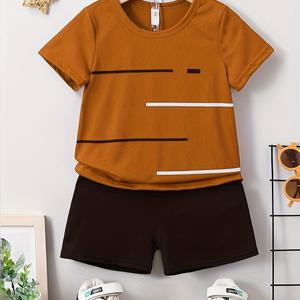 TEMU 소년 스트라이프 캐주얼 의상 라운드 넥 티셔츠 & 반바지 어린이 여름 옷 세트