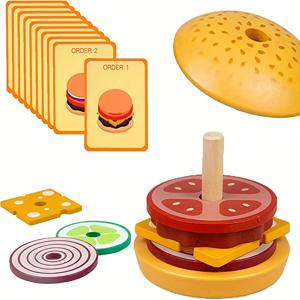 TEMU 나무 쌓인 버거 장난감, 파인 모션 게임 버거 장난감 몬테소리 유아 버거 샌드위치 장난감 주문 카드 정렬 장난감으로 음식을 재생 3 세 + (버거)