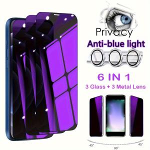 TEMU 6in1 [3Pcs 보라색 화면 유리 + 3Pcs 금속 렌즈] 아이폰 11 12 13 14 프로 최대 카메라 렌 보호 유리에 대한 안티 블루 라이트 개인 정보 보호 화면 보호기 아이폰 14 플러스 13 12 미니