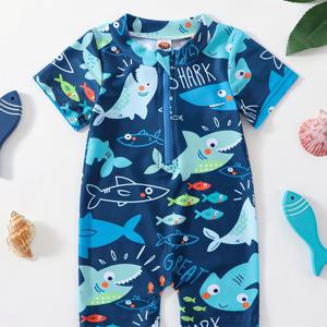 TEMU 해변 휴가를 위한 유아용 수영복, 신축성 있는 반팔 수영복, 아기 소년 수영복