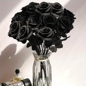 TEMU 인공 검은 장미 10개 팩, 긴 줄기, 플라스틱 가짜 실크 꽃, 할로윈, 가정 결혼식 파티, 야외 고딕 장식.