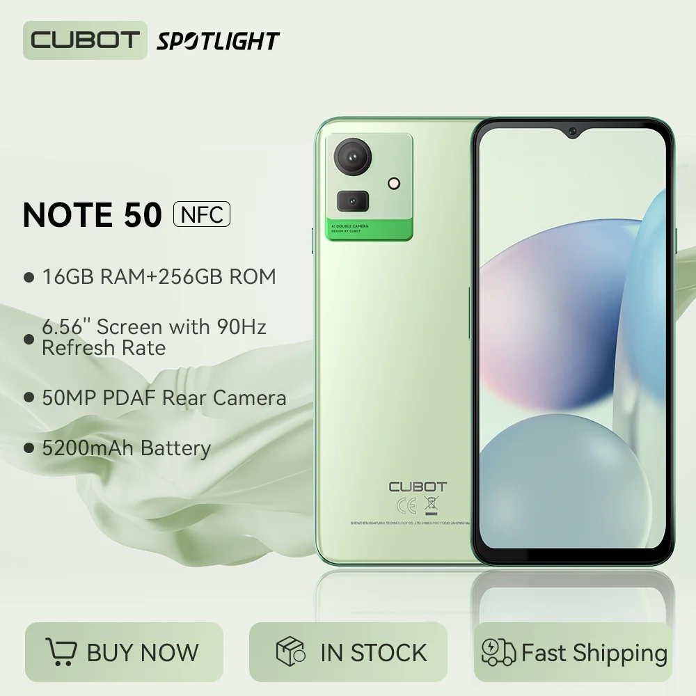 Cubot NOTE 50, 스마트폰, 16GB RAM(8GB+8GB 확장), 256GB ROM(1TB TF 카드 확장), 6.56인치 90Hz 화면, NFC, 50MP 카메라, 5200mAh 배터리, 옥타 코어, 4G smartphone android, WiFi, 블루투스 지원, 카트 및 컬렉션에 추가