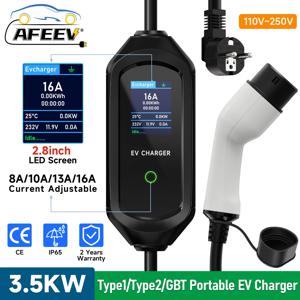 AFEEV 휴대용 EV 충전기 타입 2 IEC62196-2 16A EVSE 고속 충전 케이블 타입 1 SAE J1772 월박스 3.5KW GBT 전기차 충전기