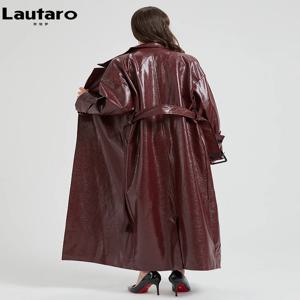 Lautaro 여성용 엑스트라 롱 버건디 PU 가죽 트렌치 코트, 벨트 달린 우아한 럭셔리 디자이너 맥시 오버코트, 용수철 가을, 2024