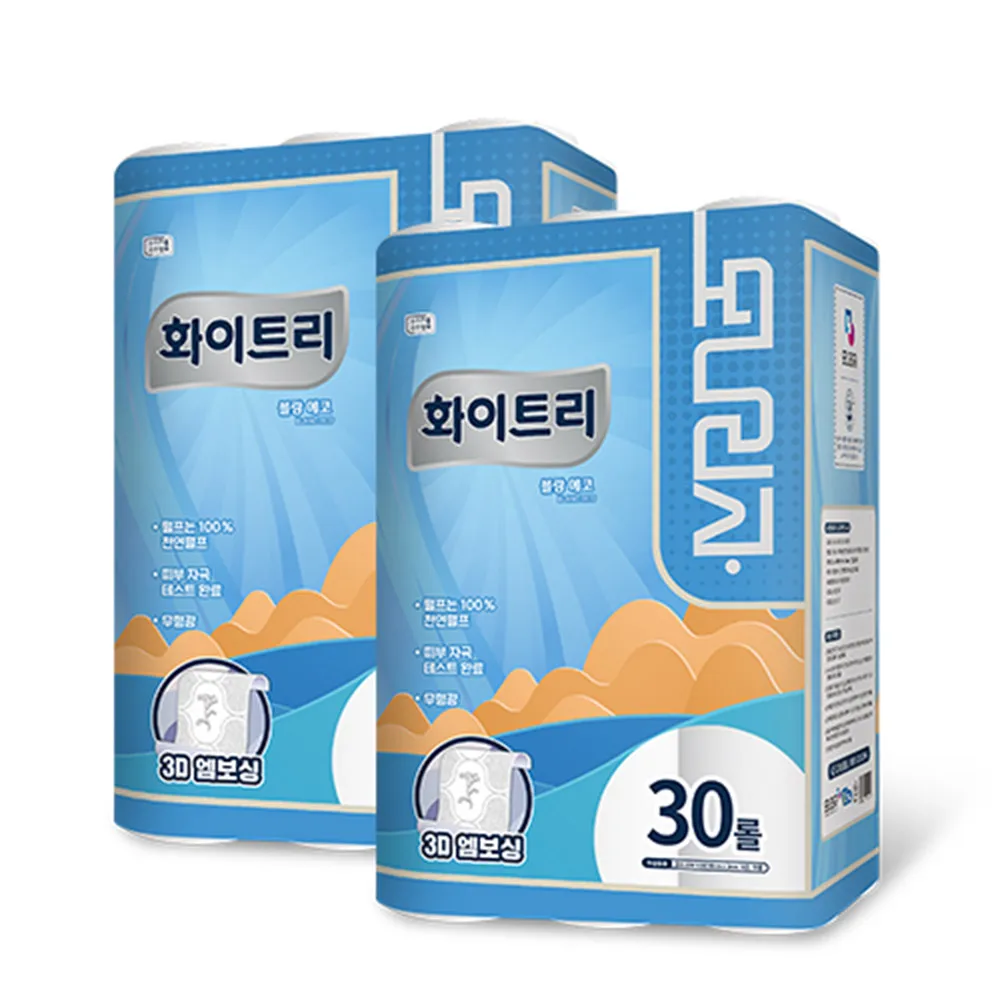 모나리자 블랑에코 더 도톰한 3D 엠보싱 3겹 30롤X2팩 총 60롤 천연펄프 100% 화장지 휴지