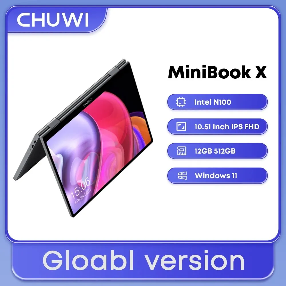 CHUWI MiniBook X 노트북 태블릿, 인텔 N100, 10.51 인치, FHD IPS 스크린, 12GB LPDDR5 512G SSD, 윈도우 11 노트북 1200*1920, 2 in 1