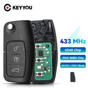 KEYYOU For Ford Focus Fiesta 2013 Fob 케이스 HU101 F021 블레이드 433MHz 4D63 40bit 80bit 3 버튼 플립 접이식 원격 자동차 키