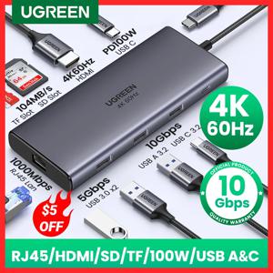 UGREEN USB C 허브, 맥북 아이패드 프로 에어 M2 M1, 삼상 PC 액세서리 허브용, 10Gbps, C타입-HDMI2.0 RJ45 PD 100W 어댑터, 4K 60Hz