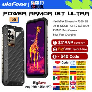 [월드 프리미어] Ulefone Power Armor 18T Ultra 5G 러기드 폰 512GB ROM +24GB RAM 열화상 카메라 FLIR® 스마트폰 9600mAh 66W,NFC,15W 무선 충전, 108MP, 휴대폰