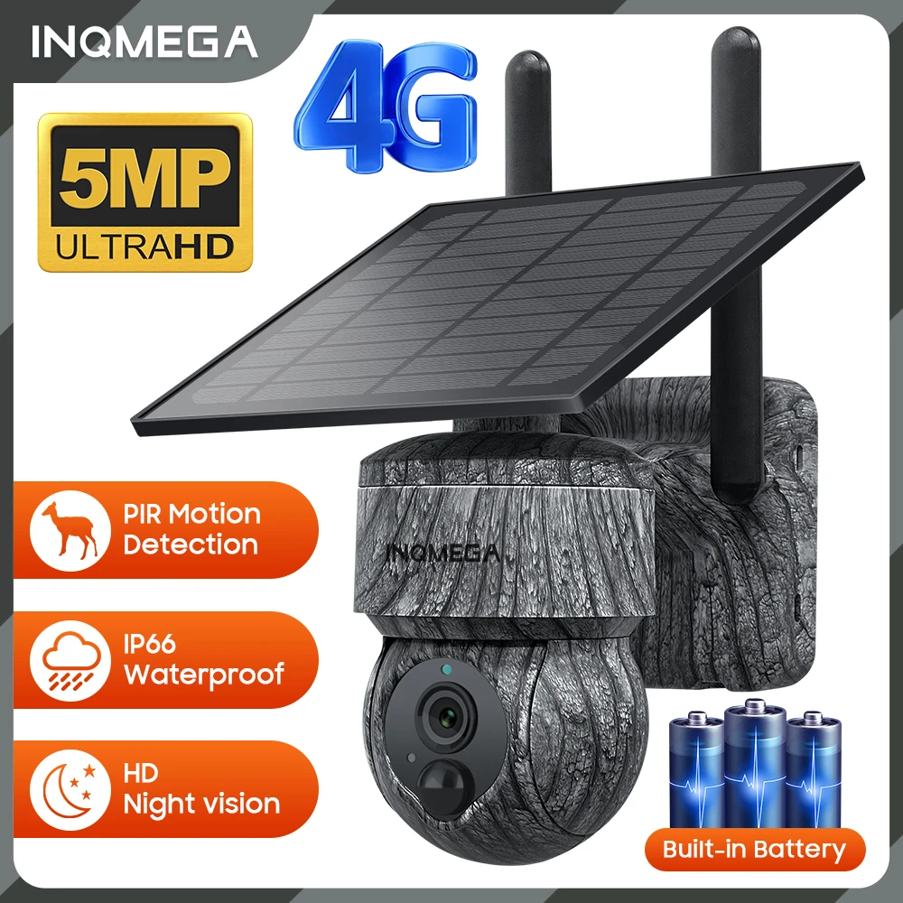 INQMEGA 와이파이 무선 PTZ 솔라 카메라, 4G SIM, 태양 전지 패널 포함, 양방향 오디오 보안 보호, CCTV 카메라 배터리 캠, 5MP 4MP