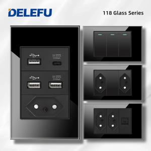 DELEFU 4*2 블랙 강화 유리, 브라질 표준 콘센트, 듀얼 USB, 타입 C, 벽 소켓 조명 스위치, 스위스, 10A 20A