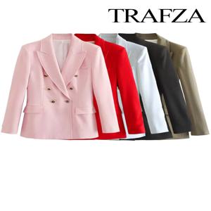 TRAFZA 여성용 긴팔 라펠 가짜 포켓 장식 정장, 우아한 더블 브레스트, 솔리드 5 색 정장, 겉옷 패션