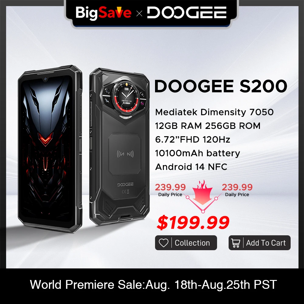 DOOGEE S200 5G 견고한 휴대폰, 6.72 인치 120Hz 디스플레이, 12GB RAM, 256GB ROM, 100MP AI 메인 카메라, 10100mAh, 안드로이드 14 NFC, 월드 프리미어