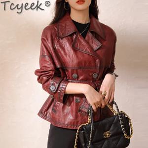 Tcyeek 양피 정품 가죽 자켓 봄 가을 오토바이 코트 슬림 숏 재킷 와인 레드 오일 왁스 Trenchcoat Chaquetas