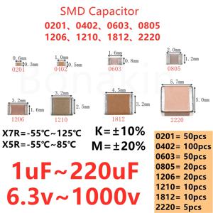 커패시터 1uF 2.2uF 4.7uF 10uF 22uF 47uF 100uF 220uF 6.3V10V 16V 25V 35V 50V 63V 100V 250V 500V X7R X5R 20% 10%