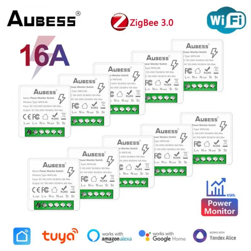 Aubess-Tuya Zigbee 또는 WiFi 스위치 에너지 모니터, 16A 앨리스 알렉사, 구글 홈 스마트 라이프 앱, 전력 모니터링 기능이 있는 2 웨이 모듈