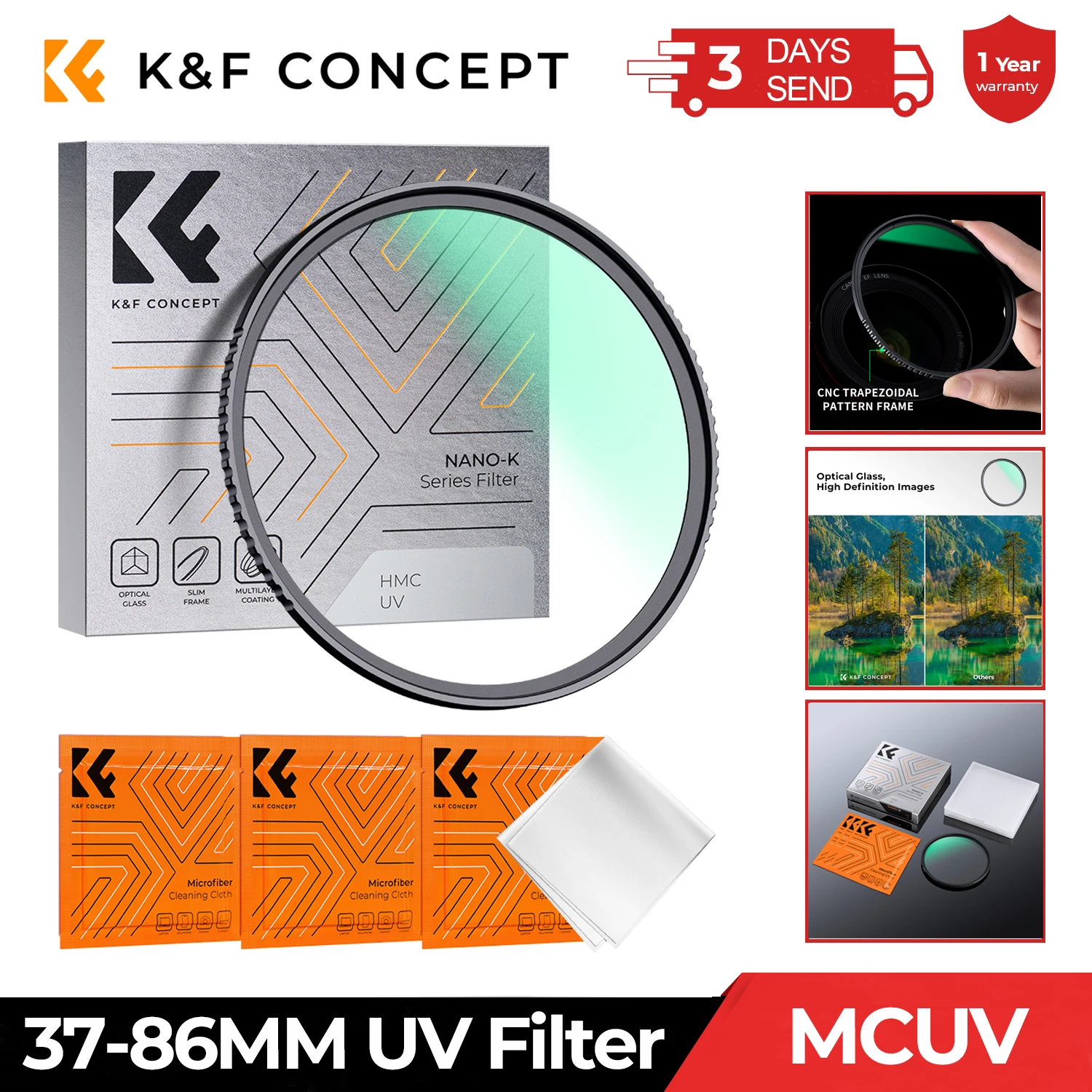 K & F Concept 37-86mm UV 필터 렌즈, MC 울트라 슬림 광학, 다중 코팅 보호, 37mm 49mm 52mm 58mm 62mm 67mm 77mm 82mm