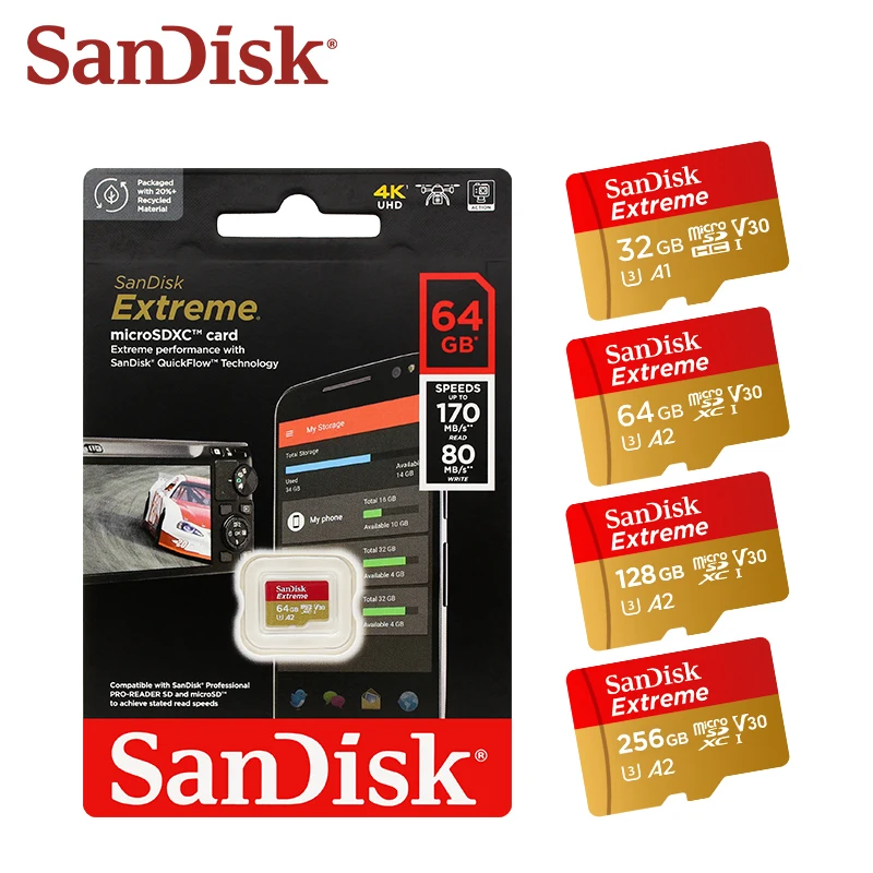 Sandisk 마이크로 SD 카드, 익스트림 A2 V30 U3 SDXC 플래시, 휴대폰 태블릿용 TF 카드, 32GB, 64GB, 128GB, 256GB, 190 MB/s