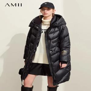 AMII 여성용 미니멀리스트 2023 겨울 다운 퍼퍼 코트, 따뜻한 후드 벨트 아우터, 레터 프린트 탑 12324011, 신상